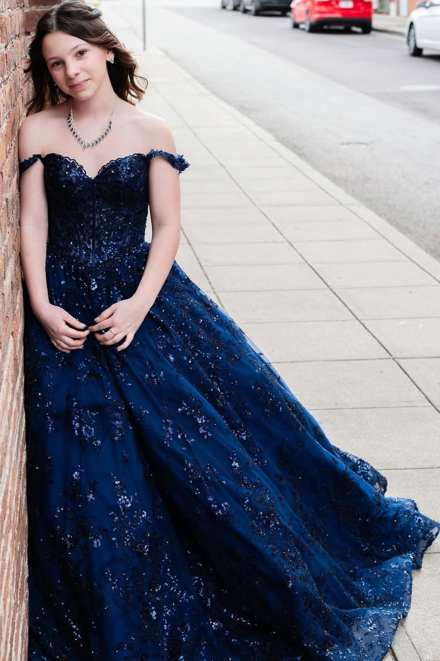 Navy Blue Sequin Off-the-Shoulder A-Line Prom Dress