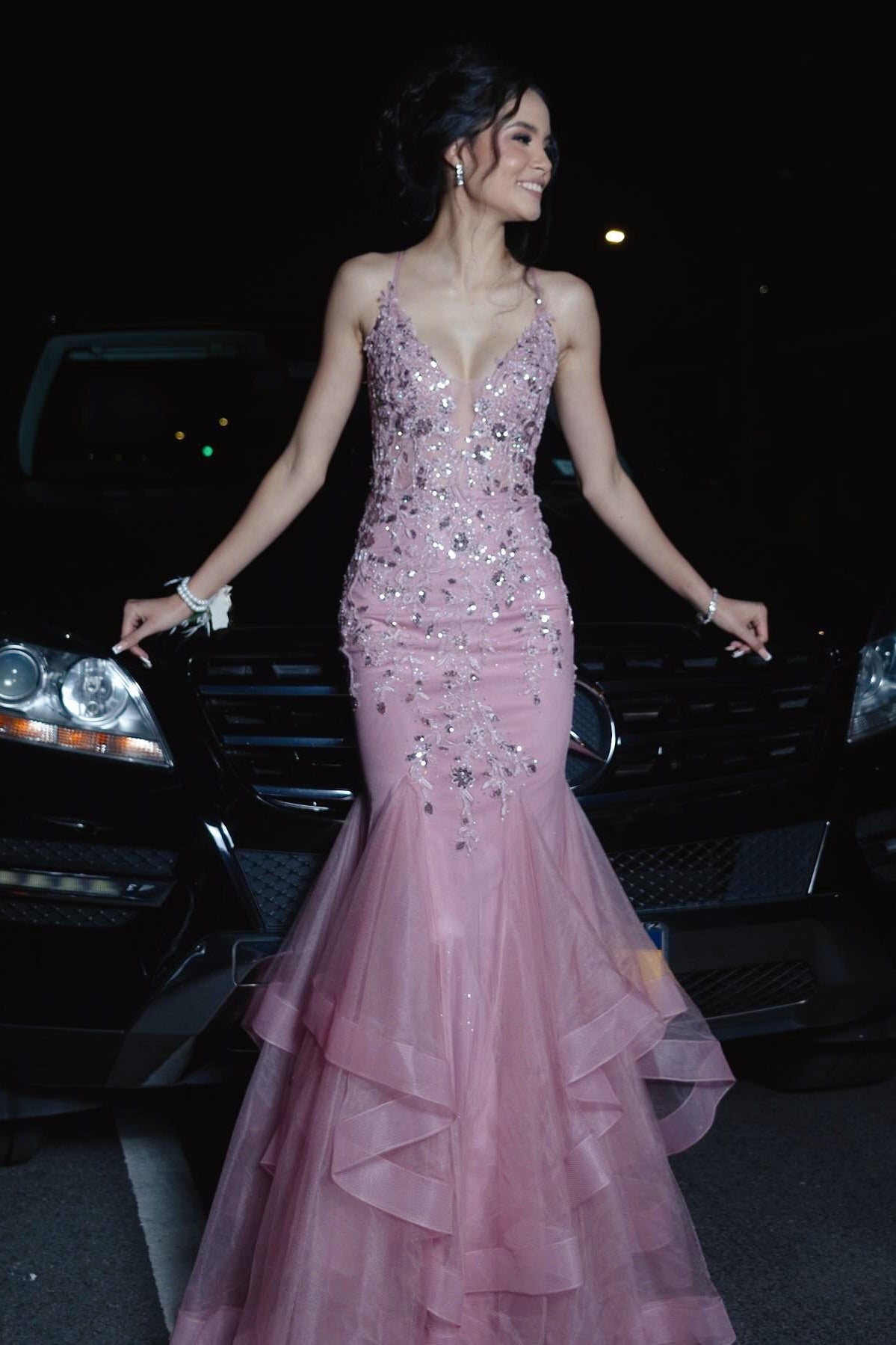 Pink Spaghetti Straps V-neck Mermaid Prom Dress