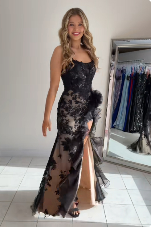 Strapless Black Slit Mermaid Prom Dress
