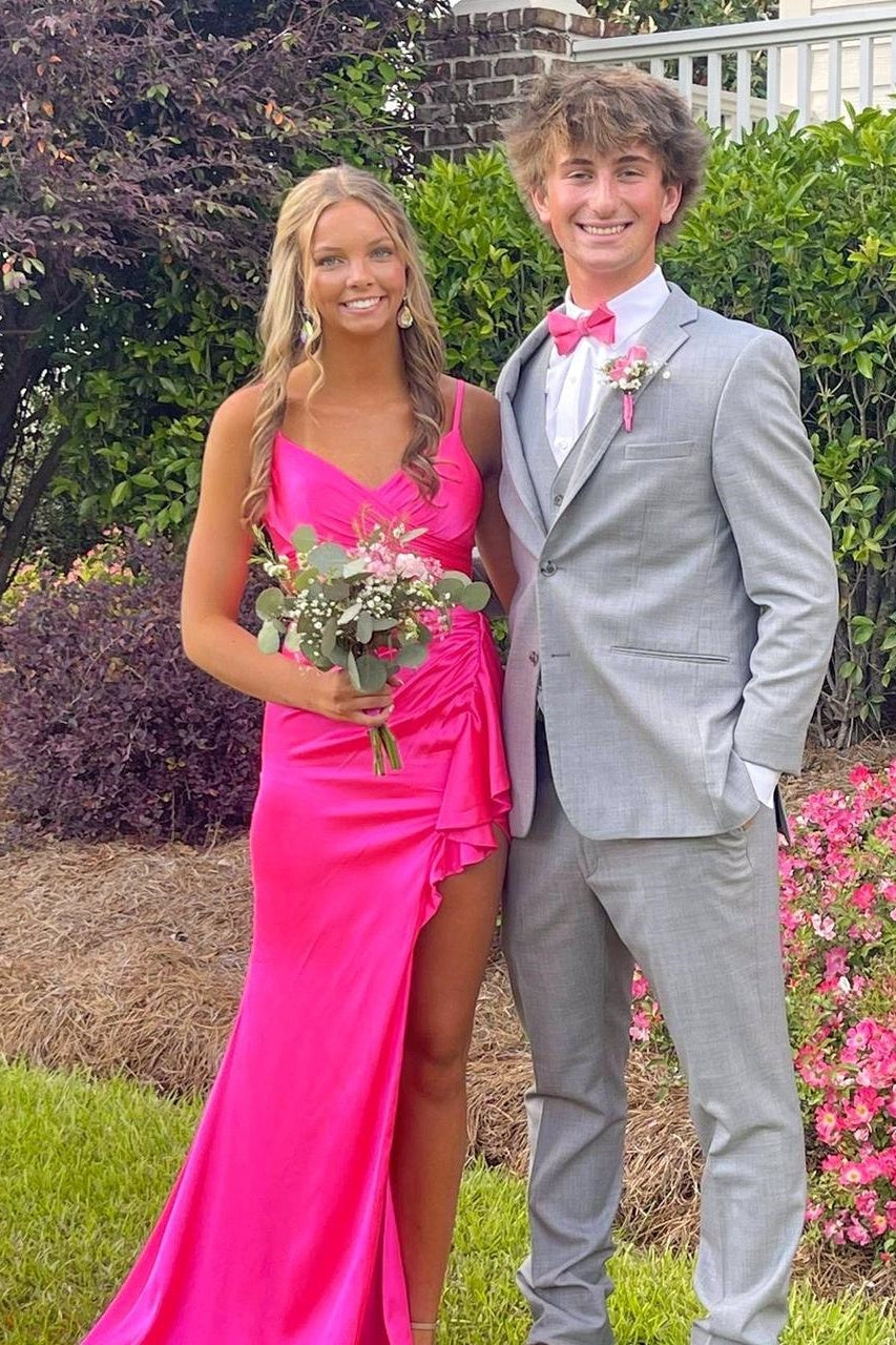 Fuchsia Spaghetti Strap V-Neck Slit Mermaid Dress