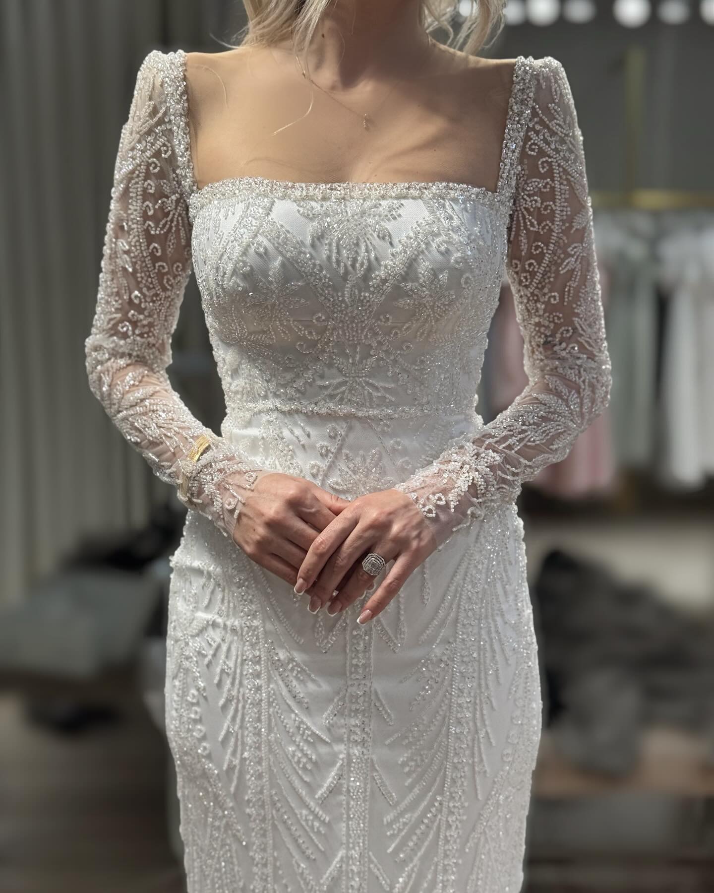 Square Neck Lace Long Sleeve Beaded Mermaid Wedding Dress