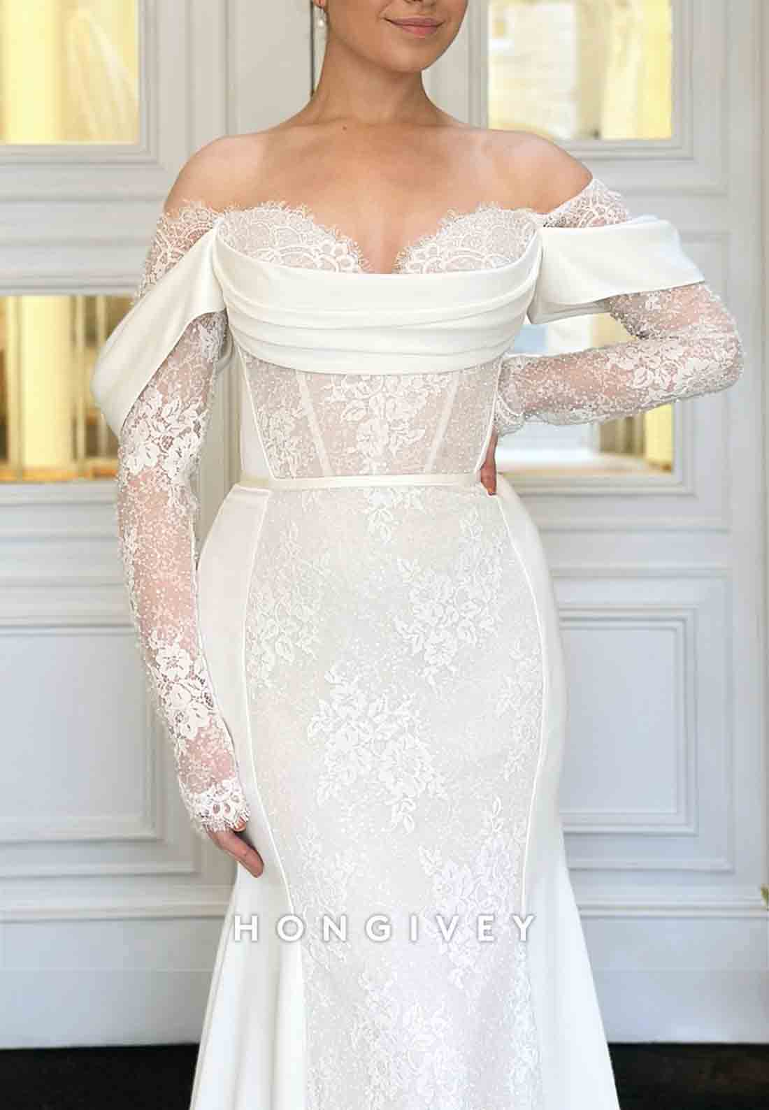 Off the Shoulder Long Sleeves Court Train Detachable Lace Wedding Dresses