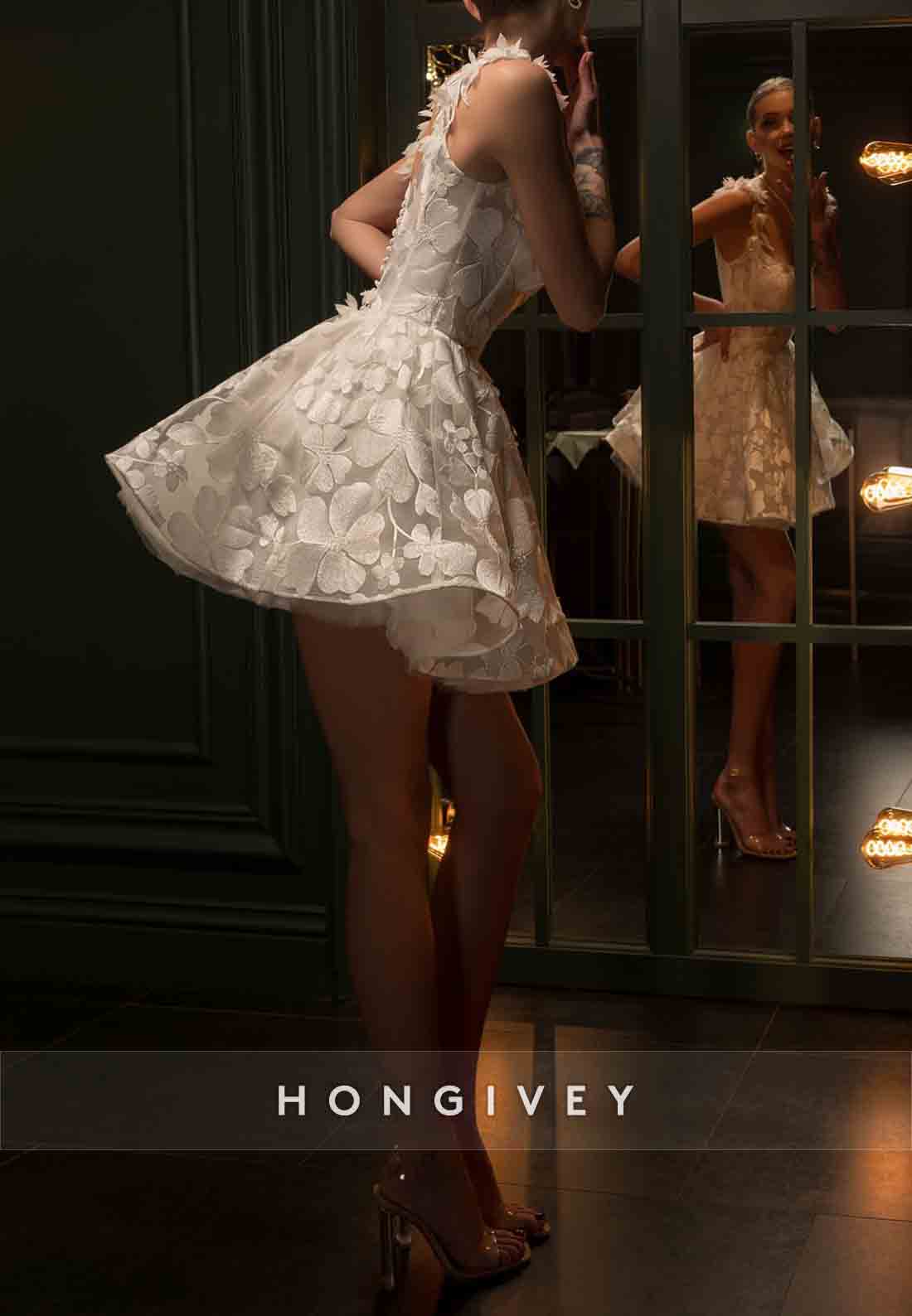 Shoulder Flower Square A-Line Covered Button Sleeveless Short Wedding Dresses