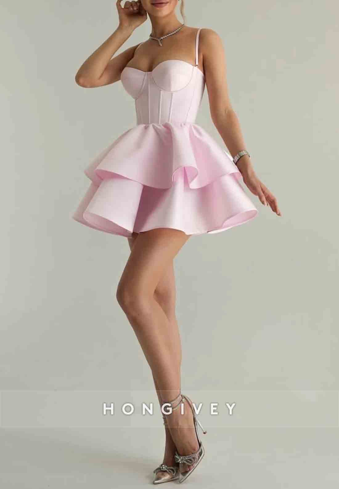 Spaghetti Straps Satin Sweetheart Pleated A-Line Short Homecoming Dresses
