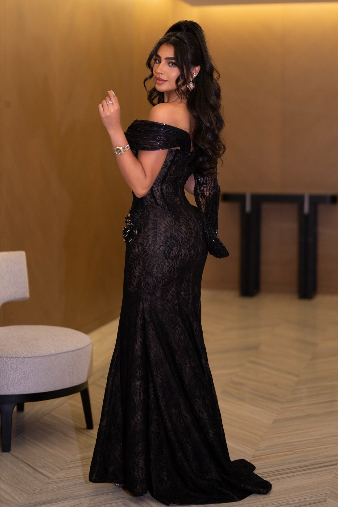 Lace V-Neck Off-the-Shoulder Strapless Long Sleeves Long Mermaid Prom Dress With Pleated