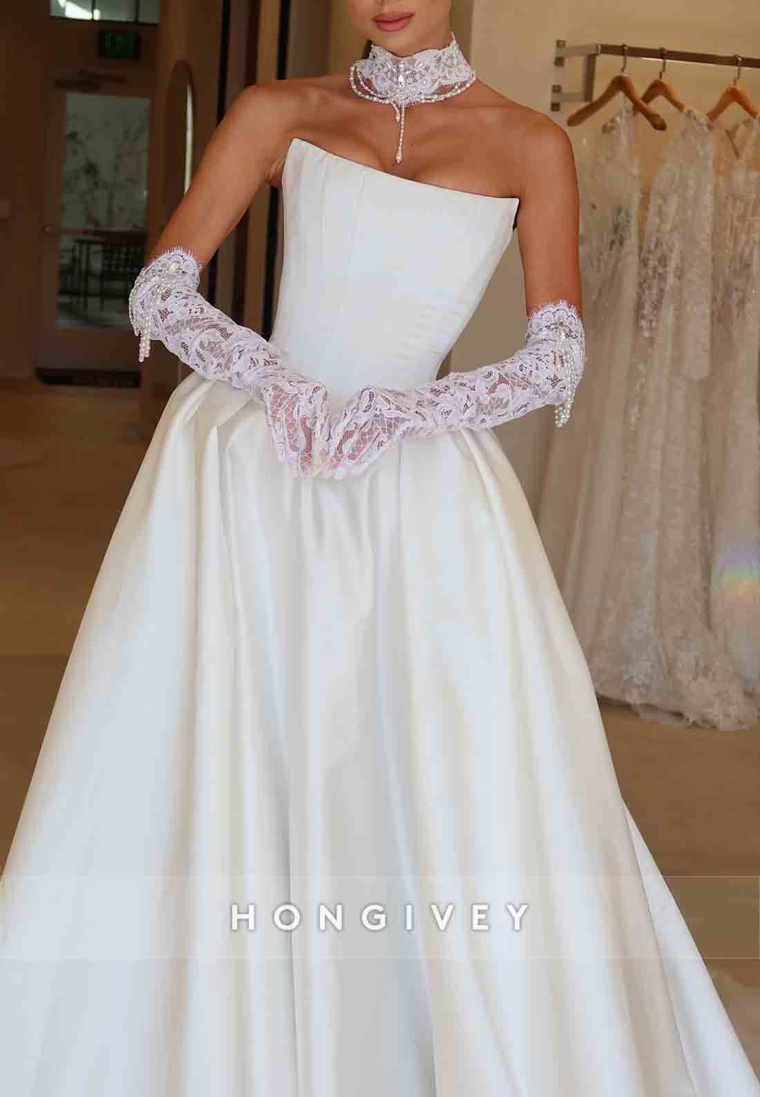 Simple Strapless Satin Chapel Train Princess Wedding Dresses