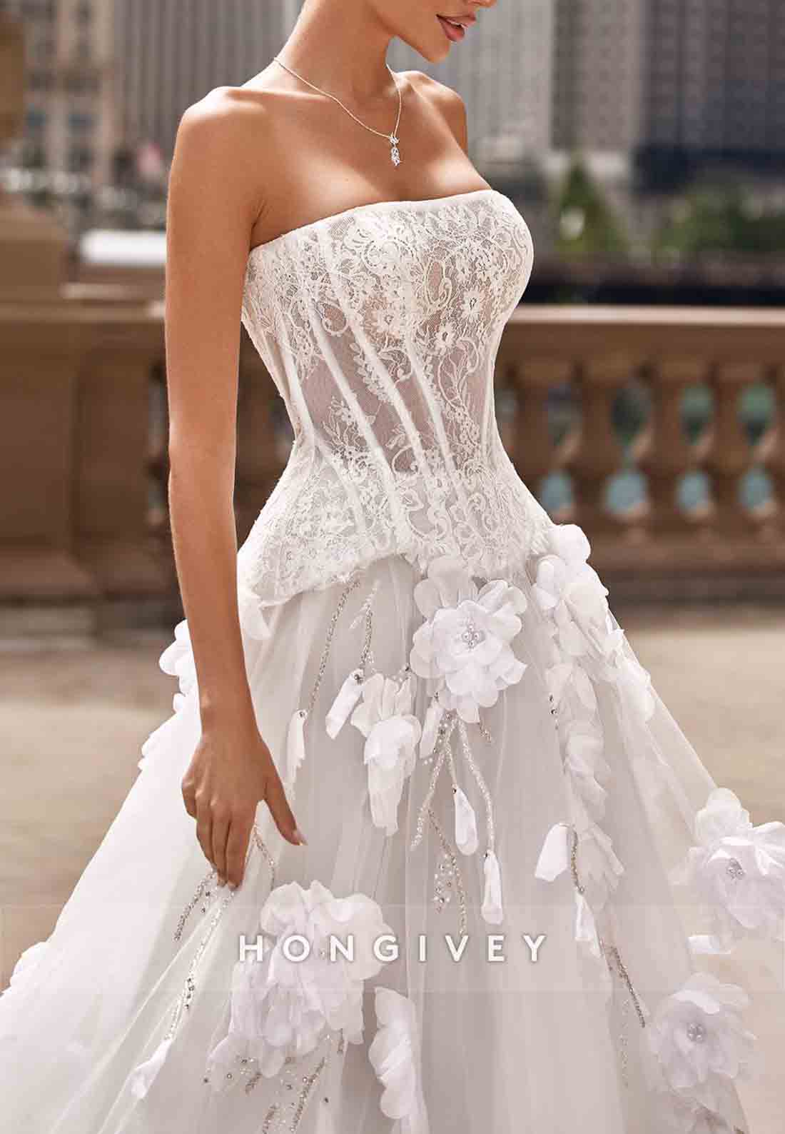 Strapless A-Line Tulle Empire Lace Corset Wedding Dresses with 3D Flowers