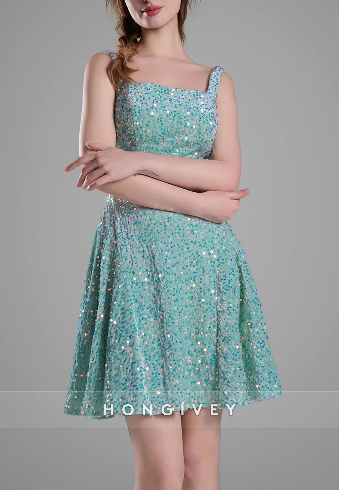 Square Neck Sequined A-Line Regular Straps Short Homecoming Dress