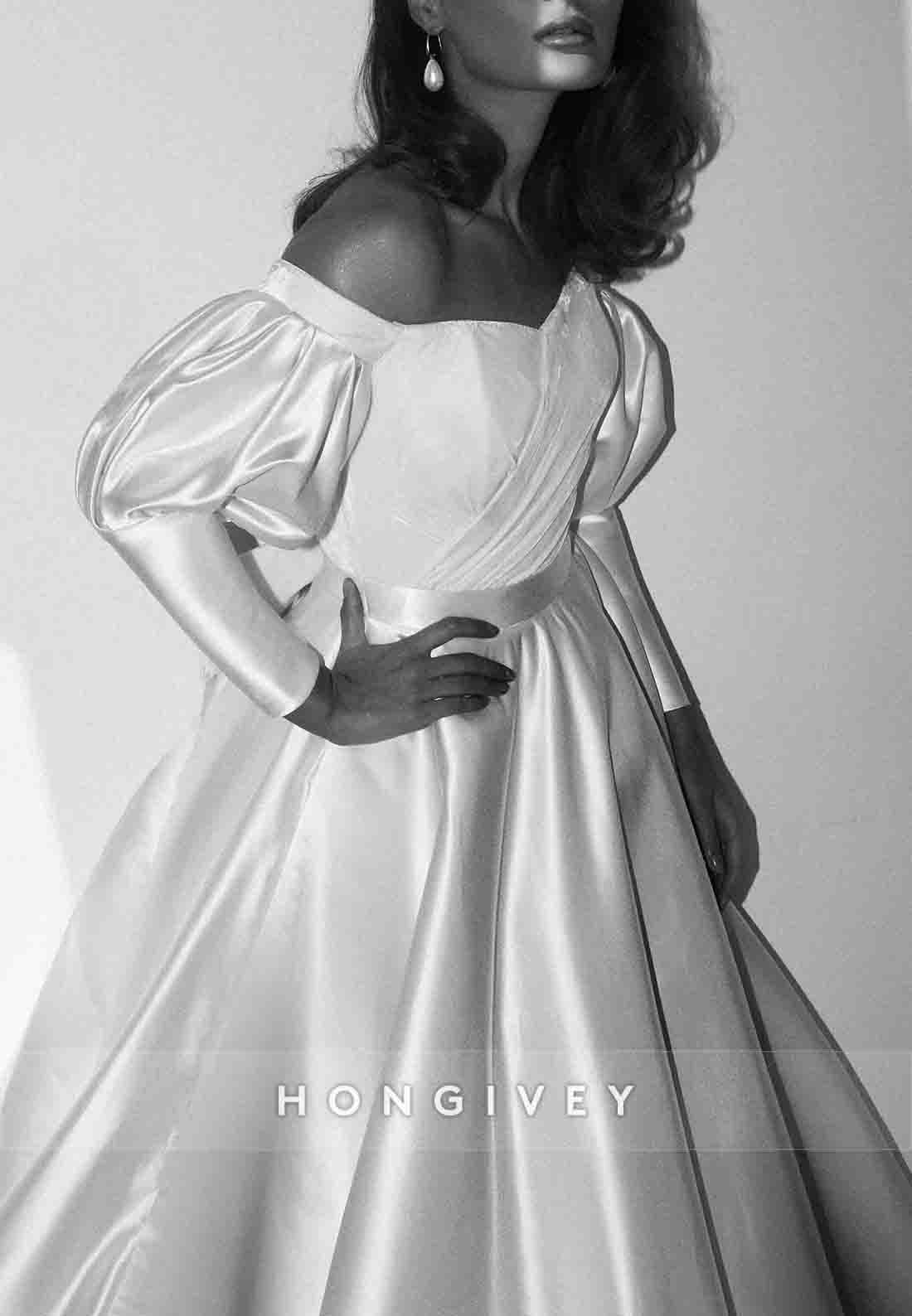 Bowknot Chapel Train A-line Off the Shoulder Long Sleeve Pleated Wedding Dresses