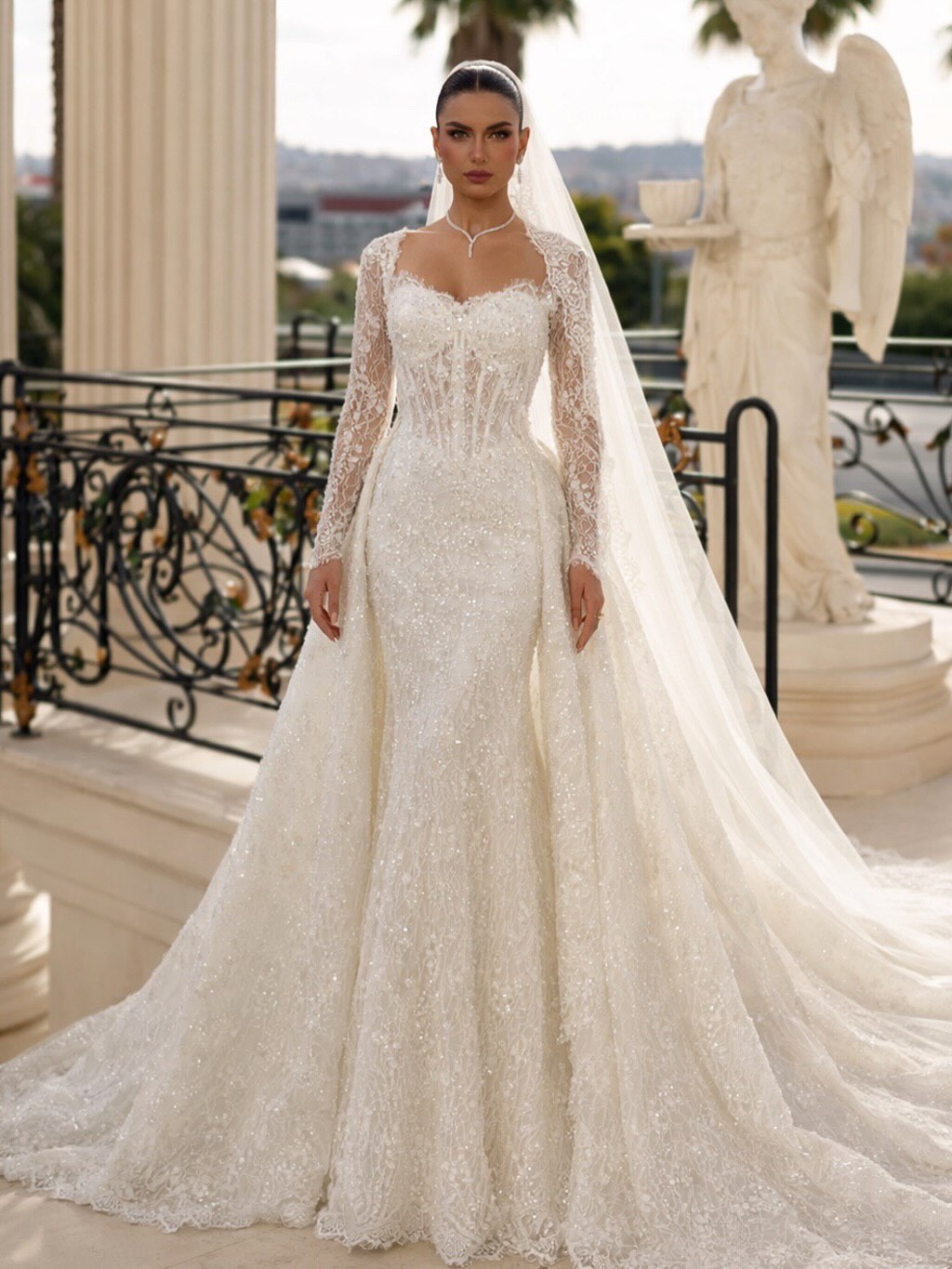 Lace Square Neck Long Sleeve Mermaid Court Train Floor-Length Wedding Dress
