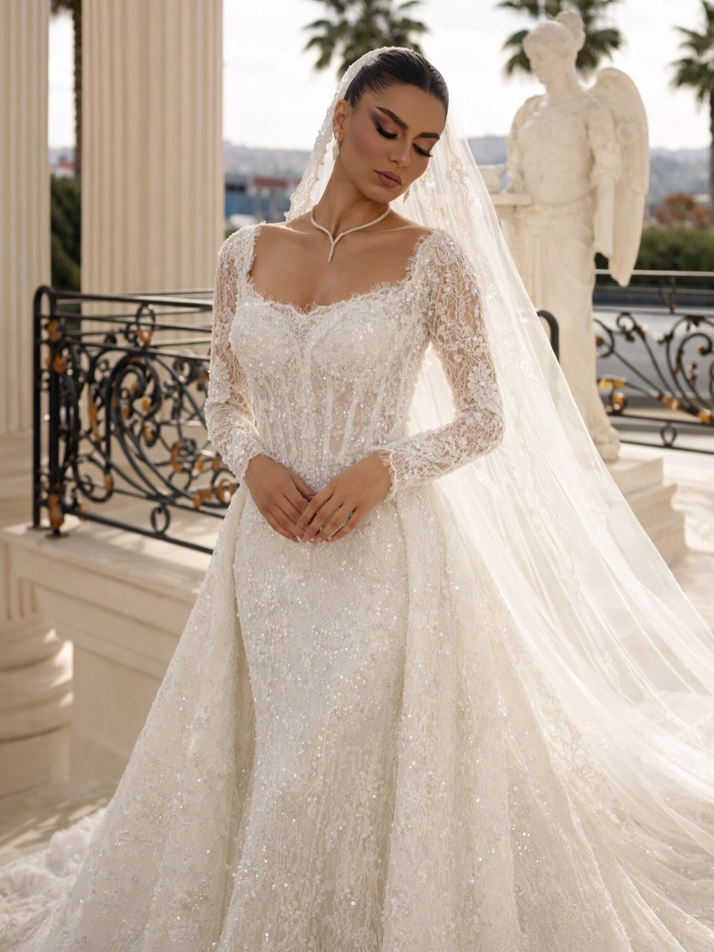 Lace Square Neck Long Sleeve Mermaid Court Train Floor-Length Wedding Dress