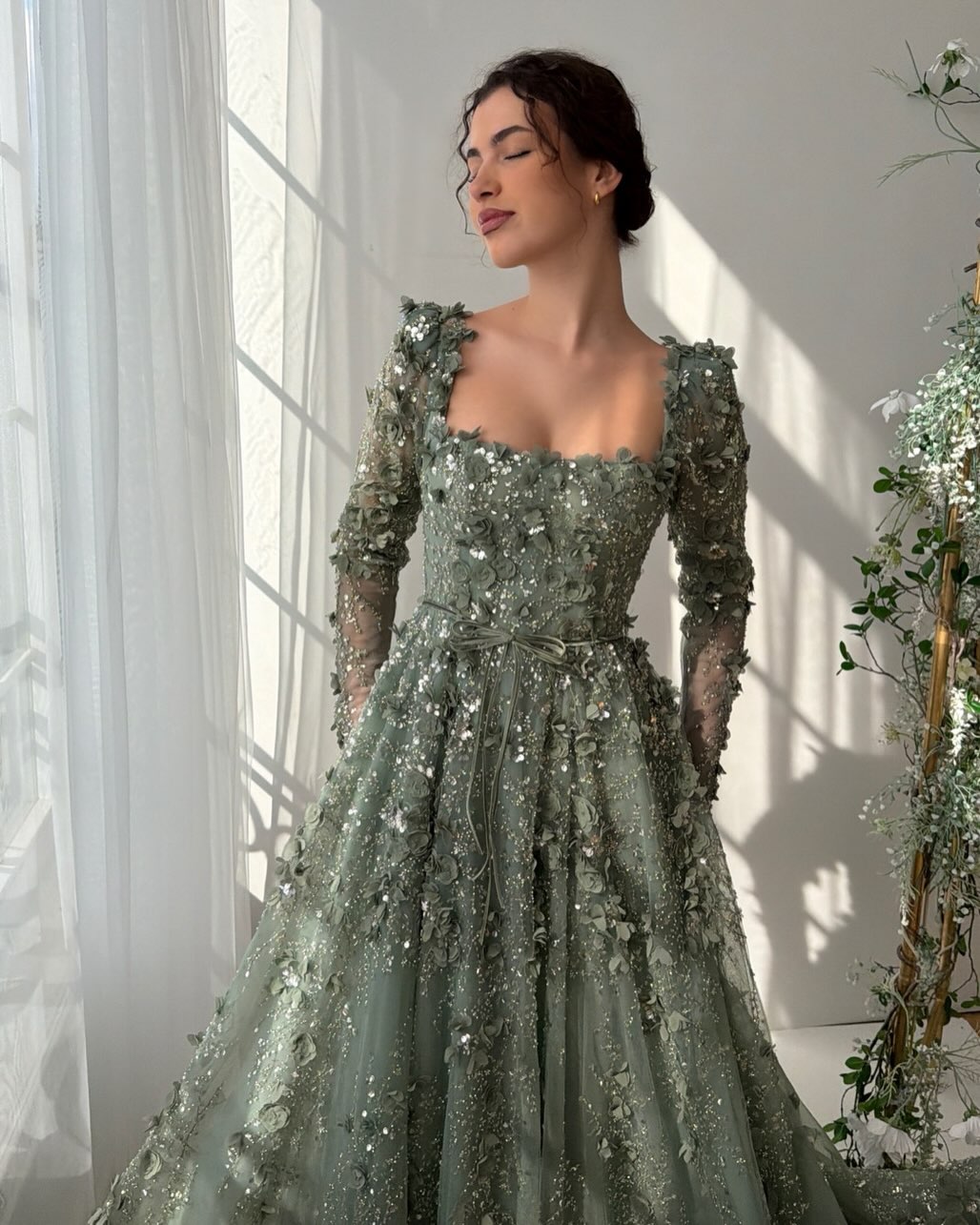 Square Neck Flowers Long Sleeve A-Line Floor-Length Evening Dress