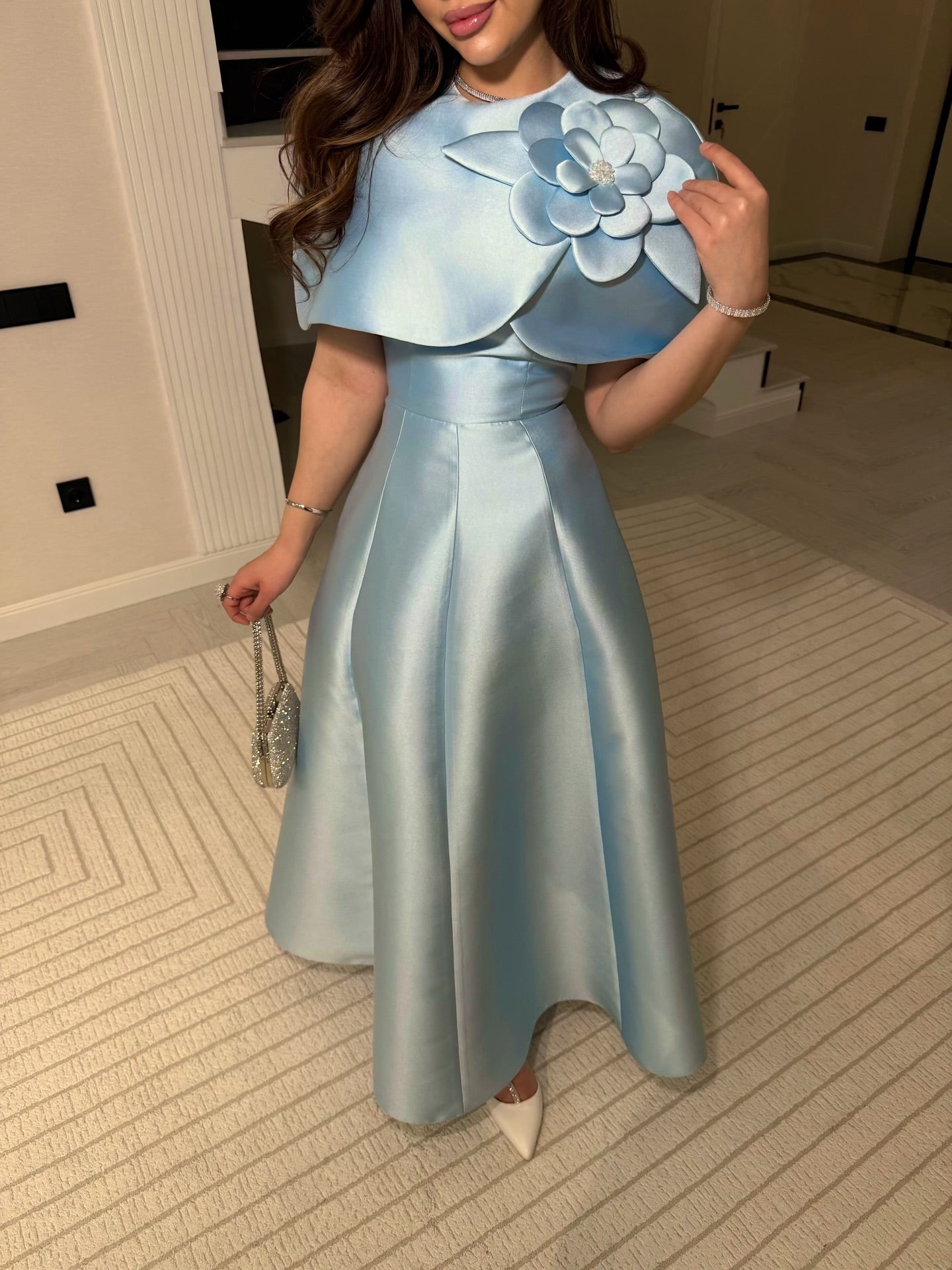 Flowers Blue Shawl Sleeveless A-Line Formal Dress