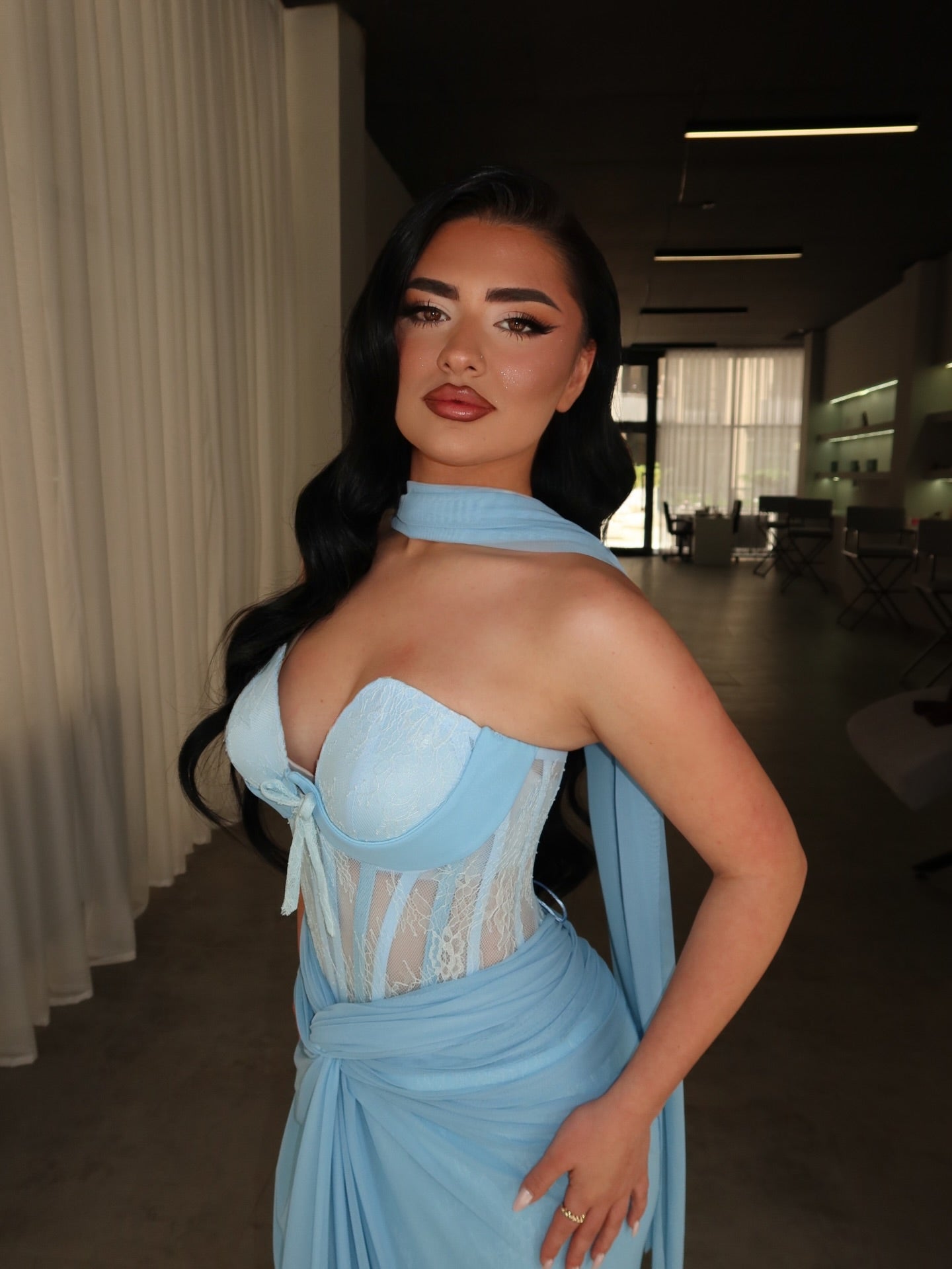 Blue Sweetheart Sheer Sleeveless Mermaid Floor-Length Evening Dress