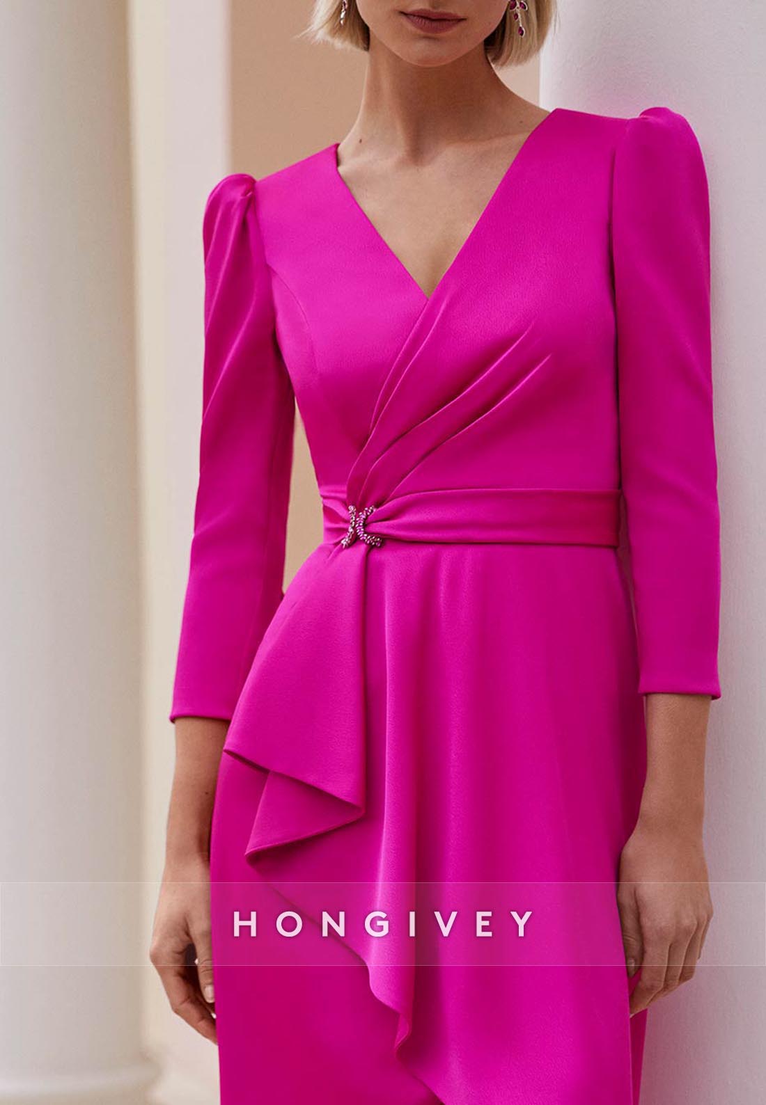 Sheath Asymmetrical V Neck Satin 3/4 Sleeve Pleated Mother of the Bride