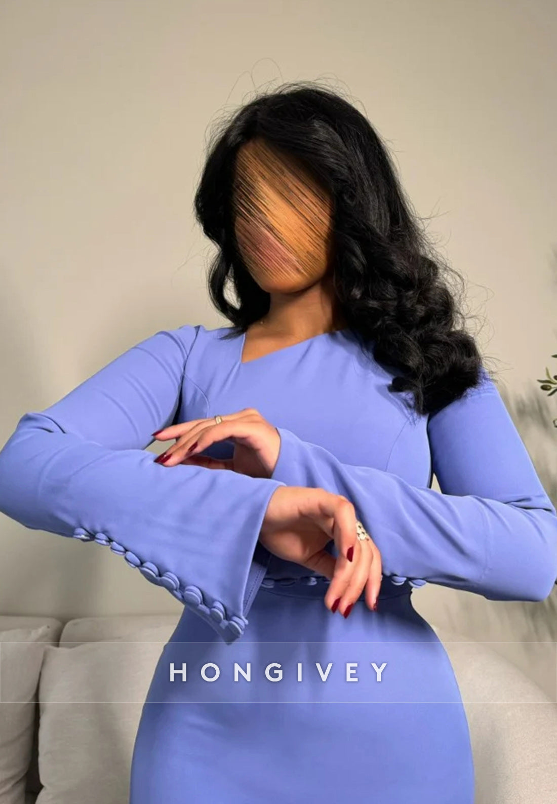 Sheath Ankle-Length Asymmetrical Neck Bell Sleeves Pleated Split Evening Gown