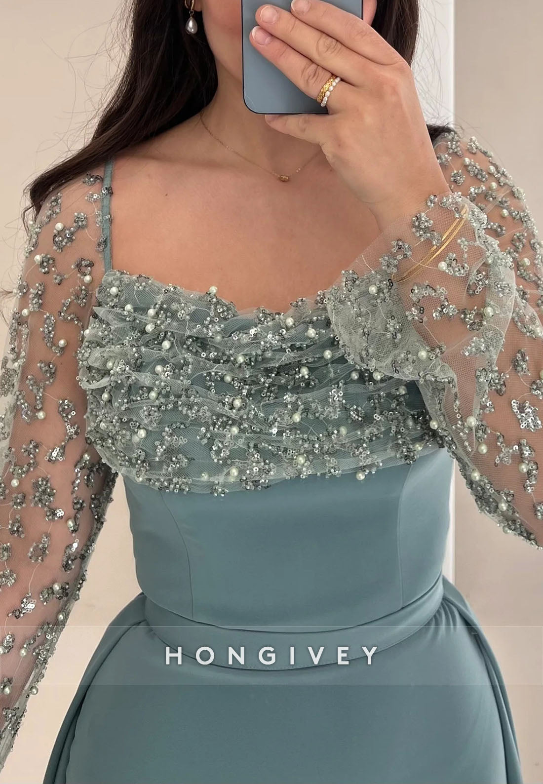 Column Long Sleeve Square Appliqued Detachable Floor-Length Evening Gown