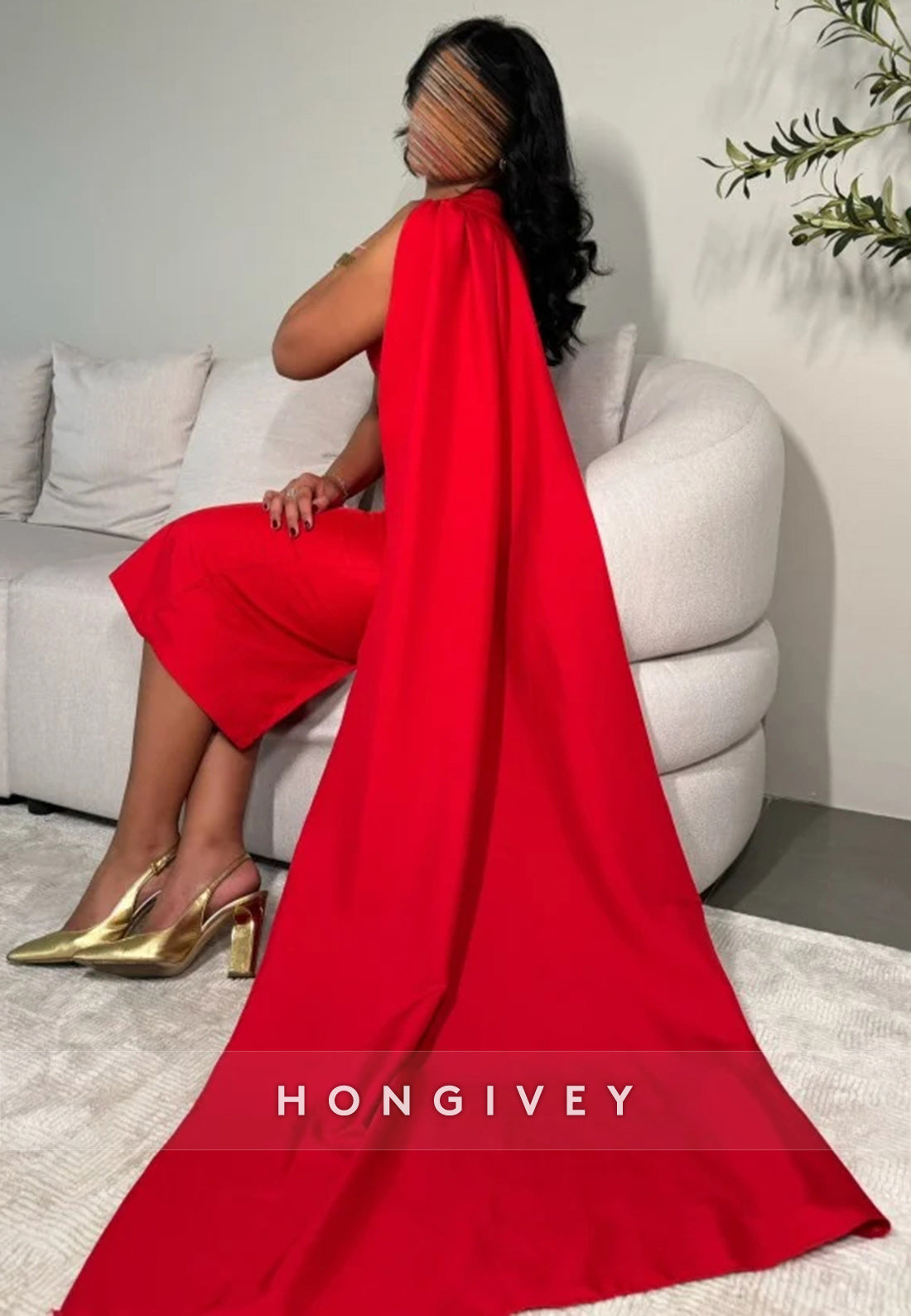 Satin Sheath Watteau TrainKnee-Length One Shoulder Knee-Length Pleated Evening Gown