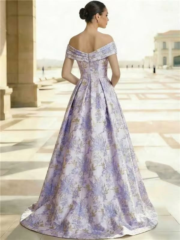 Evening Gown Elegant Floral Jacquard Evening Dress Satin Off the Shoulder Floor-Length Formal Dress With Overskirt