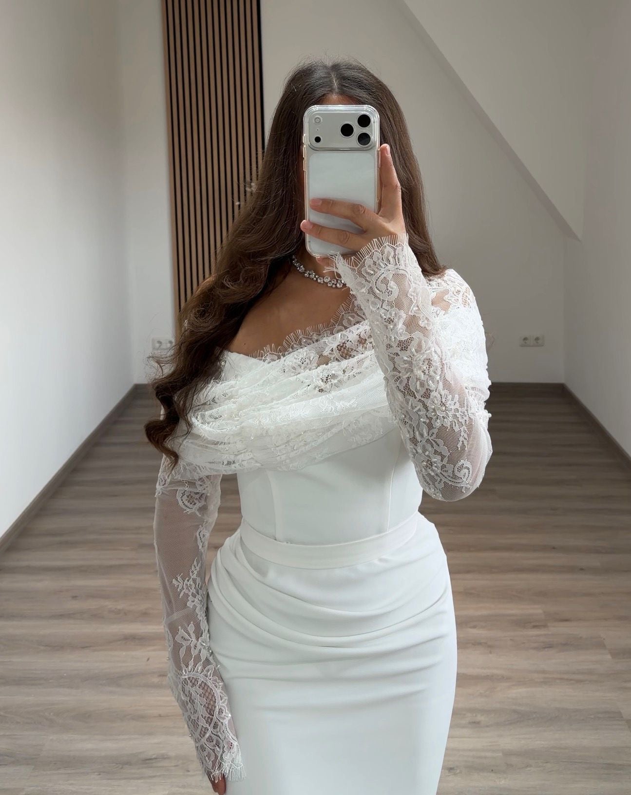 White Lace Long Sleeve One Shoulder Floor-Length Trumpet Evening Gowns