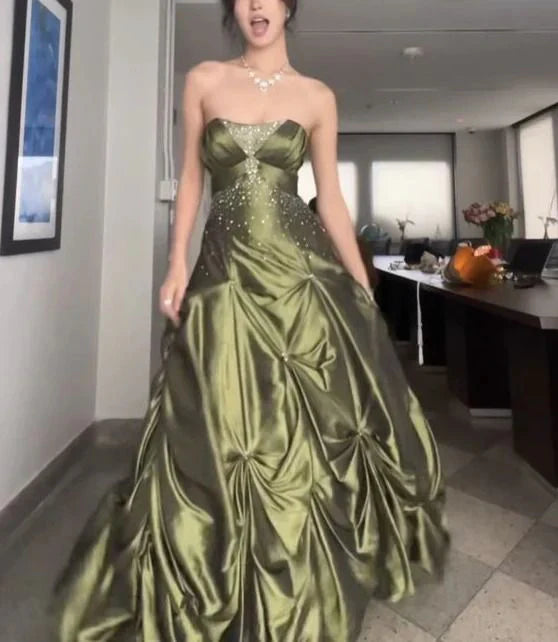 Pretty Forest Green A-Line Long Prom Dresses With Silver Beads Sweet S
