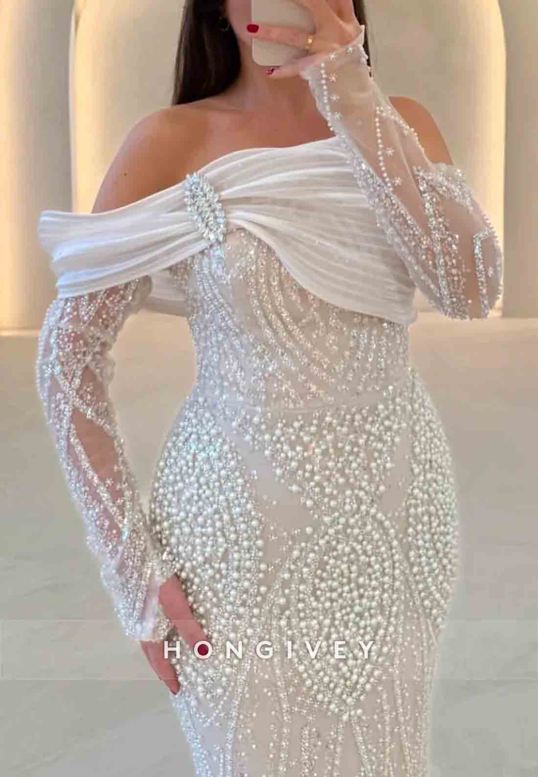 Beading Elegant Off the Shoulder Long Sleeves Floor-Length Mermaid Evening Gowns