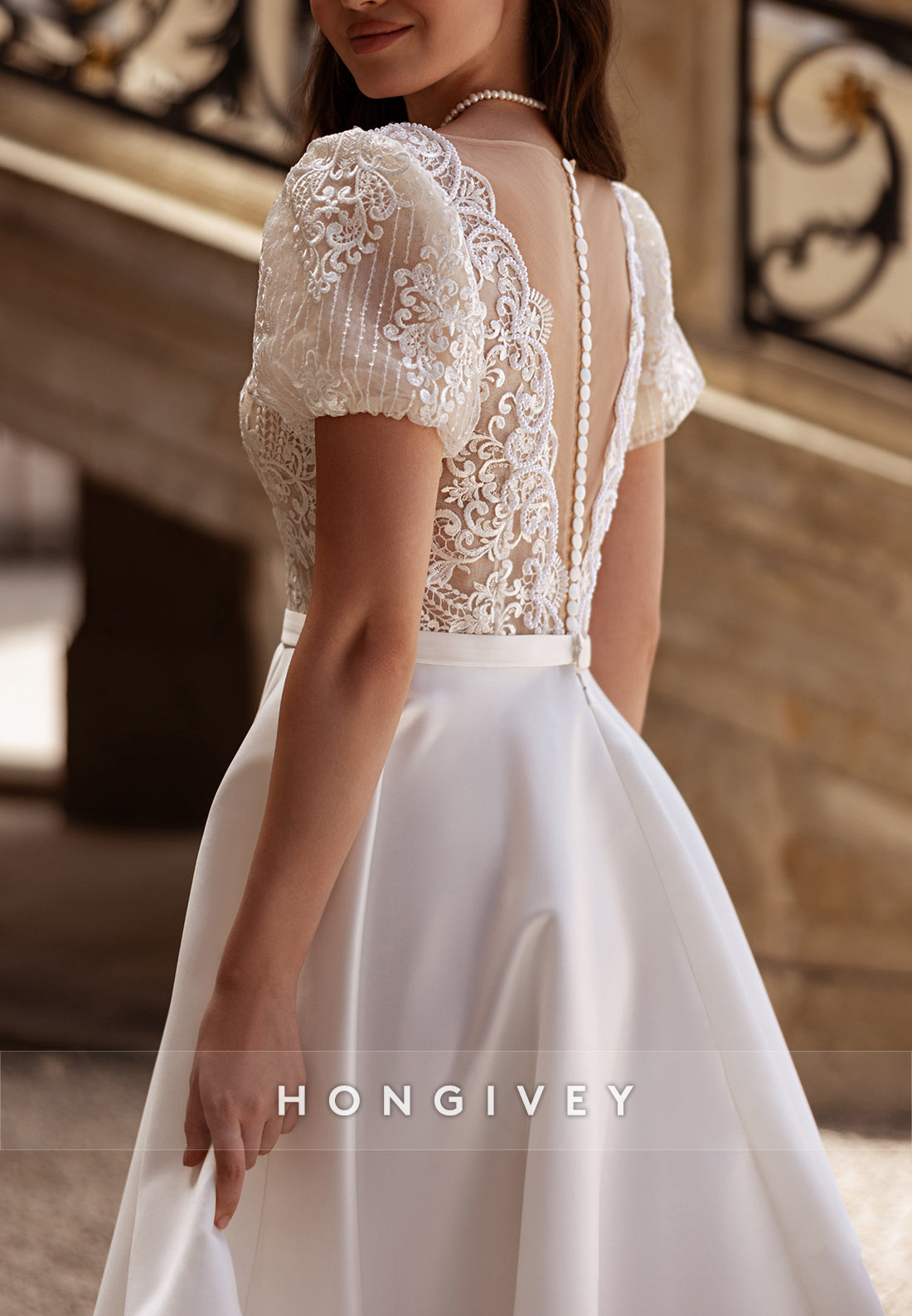 Short Sleeves V-Neck Scalloped Neck A-Line Satin Pleated Court Train Wedding Dresses