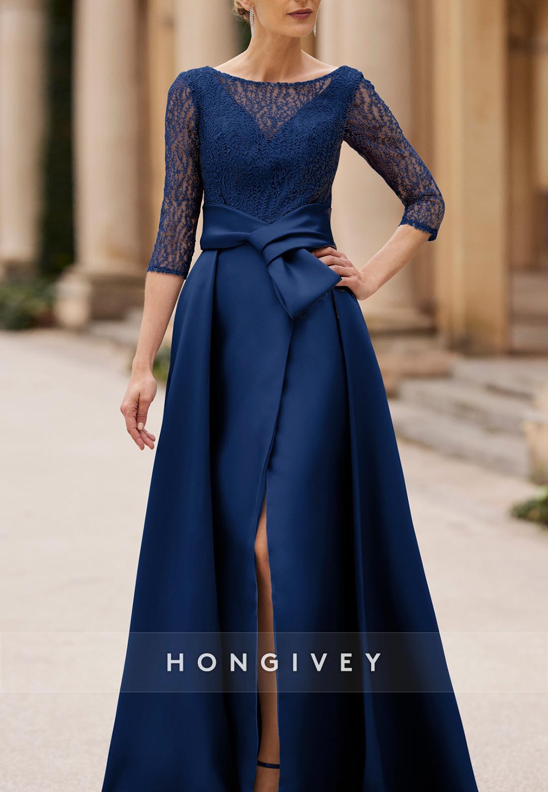 Illusion Neck Bowknot Mother of the Bride Princess Side Slit Floor-Length Satin 3/4 Sleeve Pleated