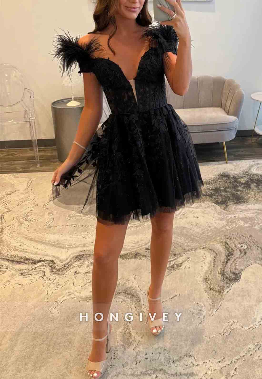 A-Line Low V-Neck Off the Shoulder Black Short Homecoming Dress with Feather