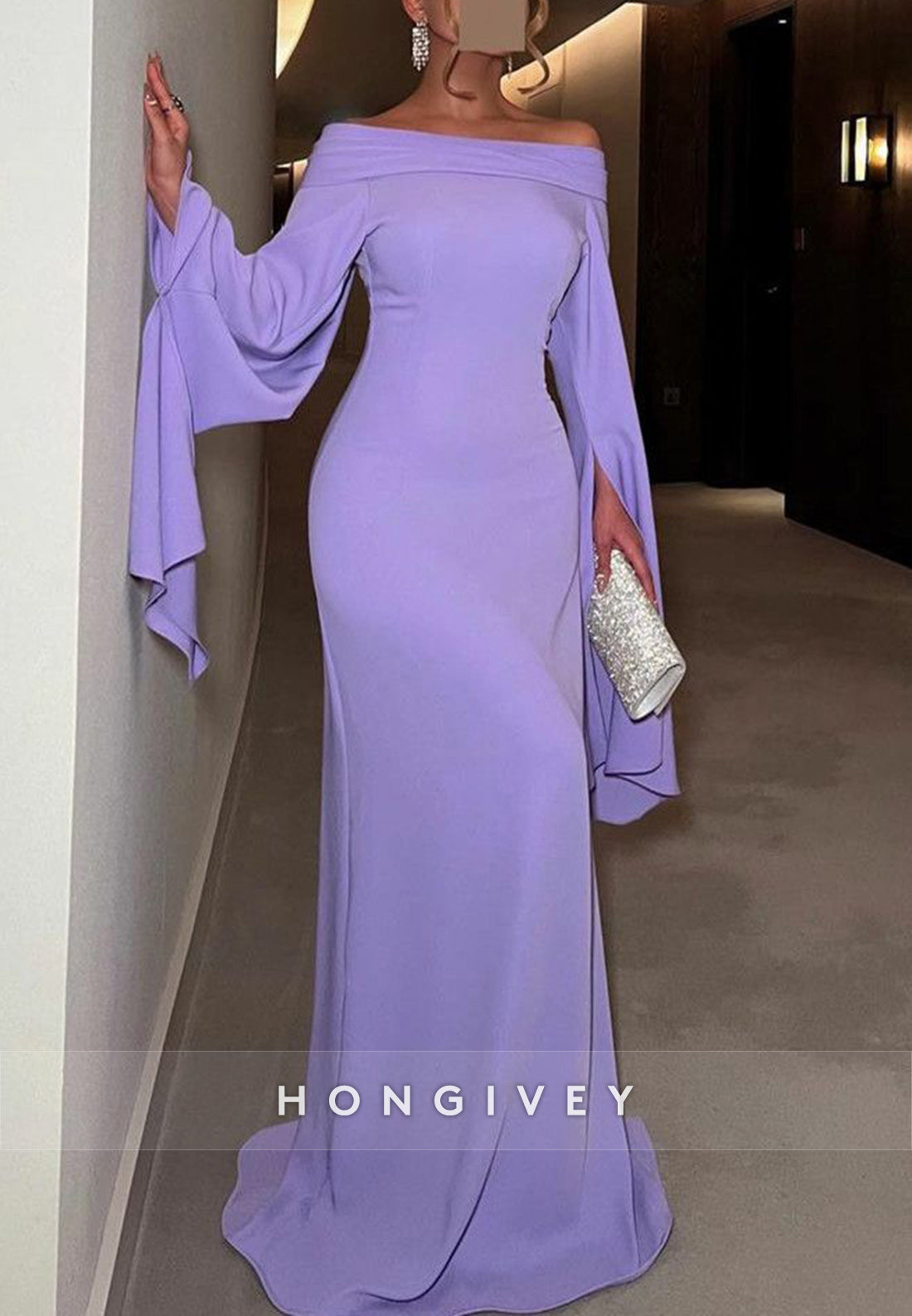 Column Floor-Length Off the Shoulder Long Sleeves Formal Evening Dresses