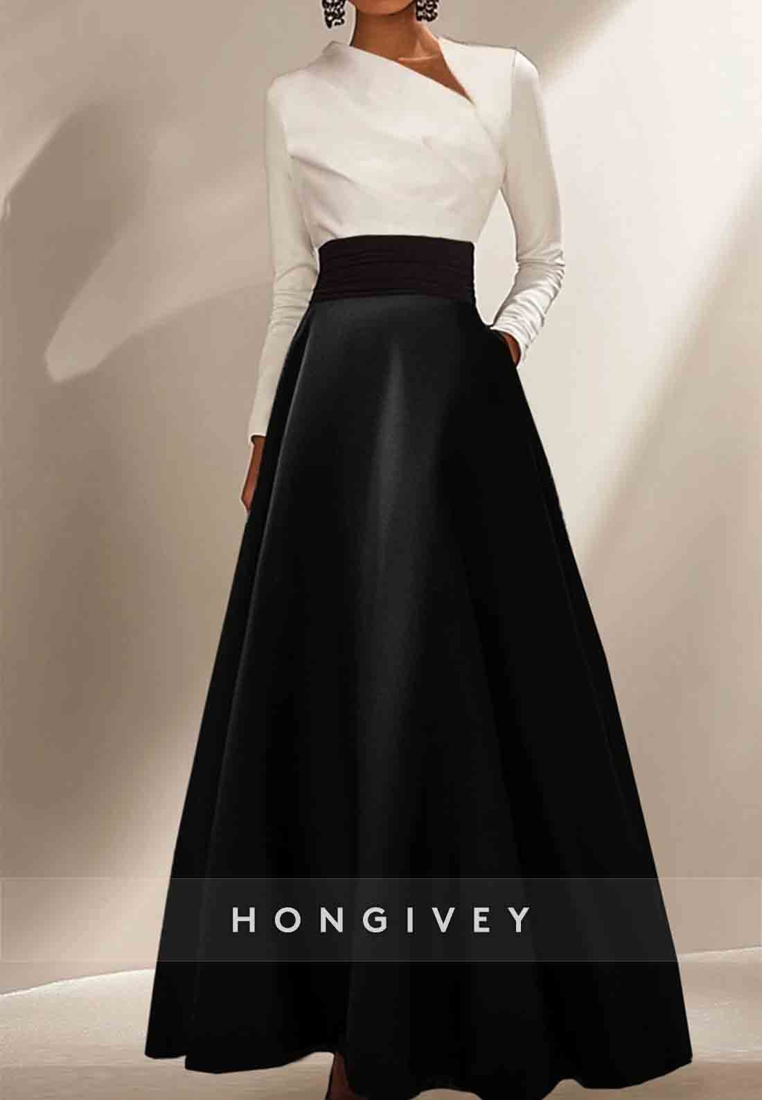 Elegant Formal Dress Black White Long Sleeve Satin A-Line Evening Gown