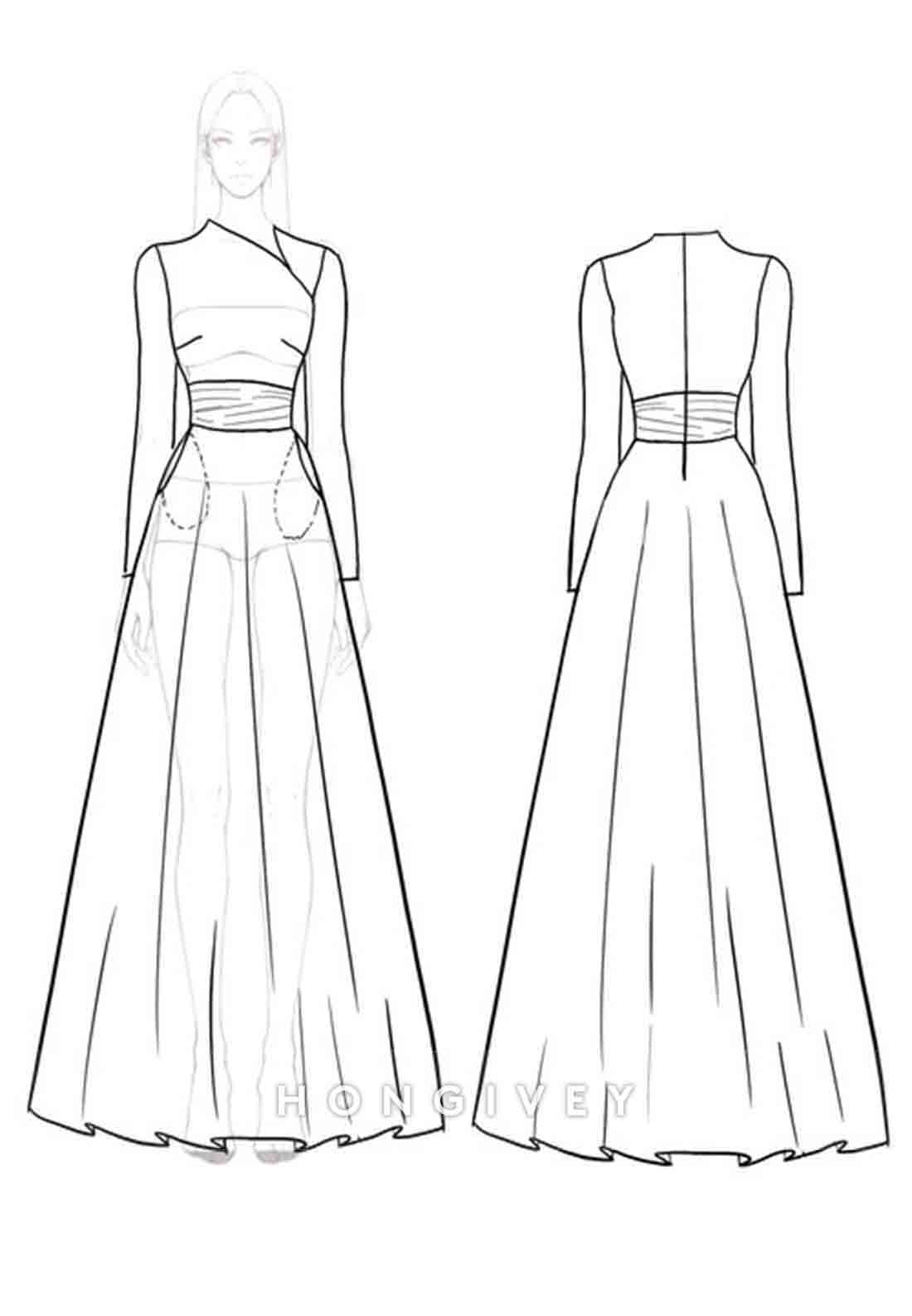 Elegant Formal Dress Black White Long Sleeve Satin A-Line Evening Gowns