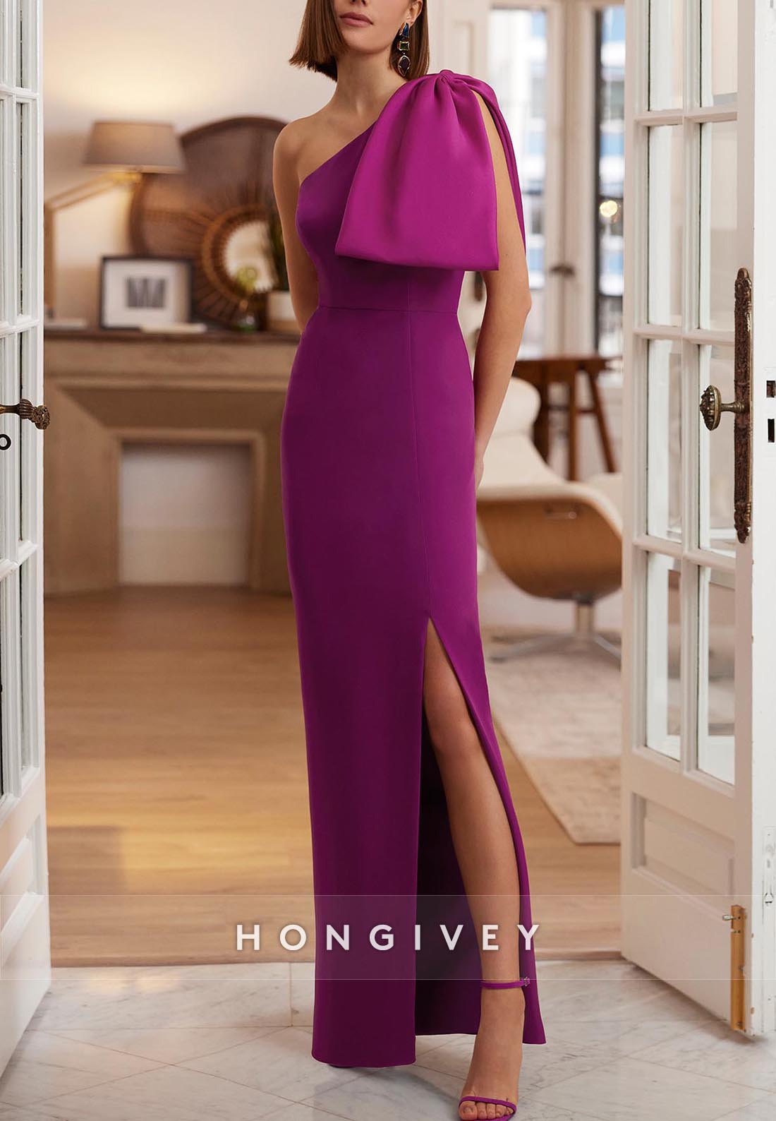 Side Slit Column Ankle-Length One Shoulder Bowknot Evening Gown