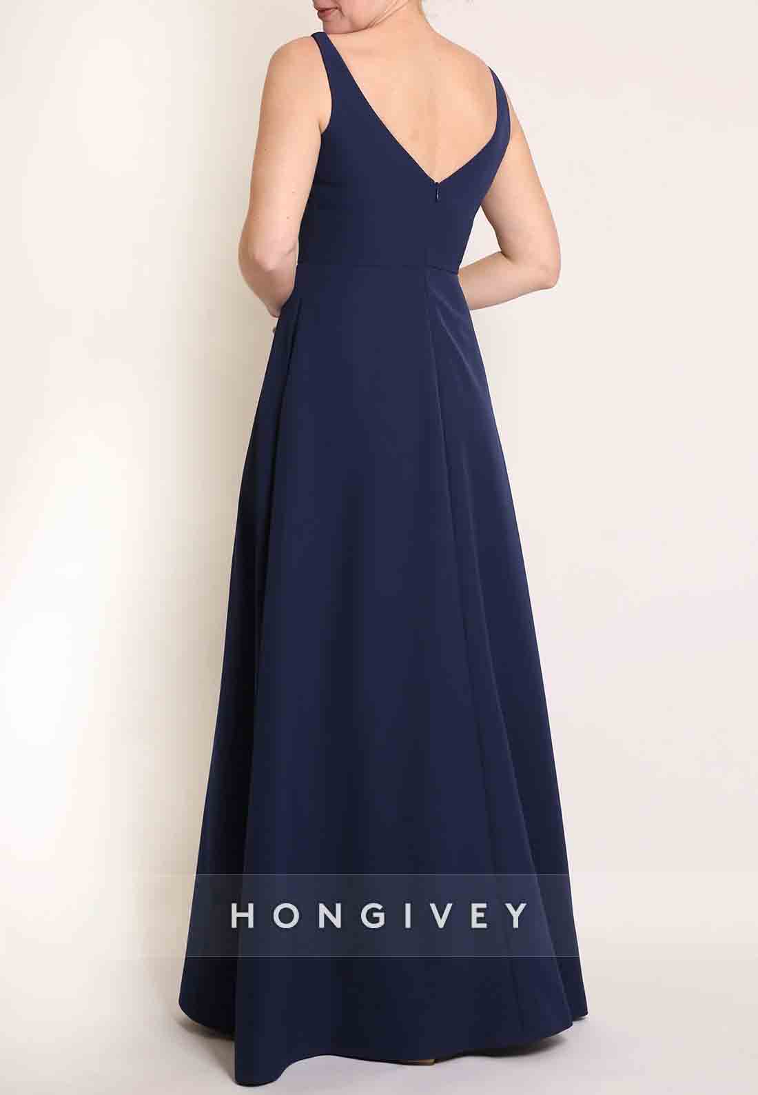 Side Slit V Back Pleated Sleeveless Bateau Neck Floor-Length A-line Mother of the Bride Dress