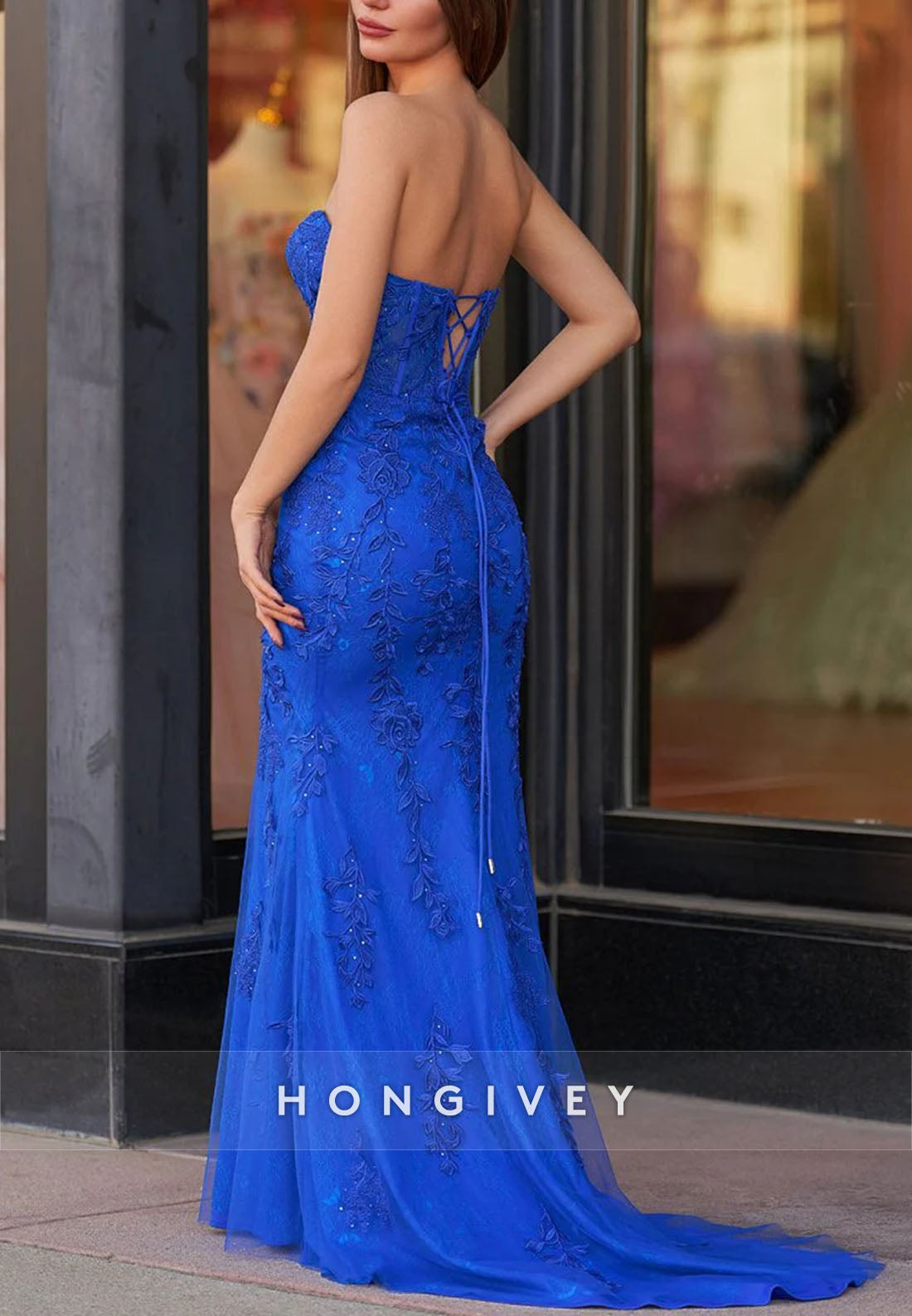 Mermaid Strapless Sweetheart Neck Lace Long Prom Dress With Appliques