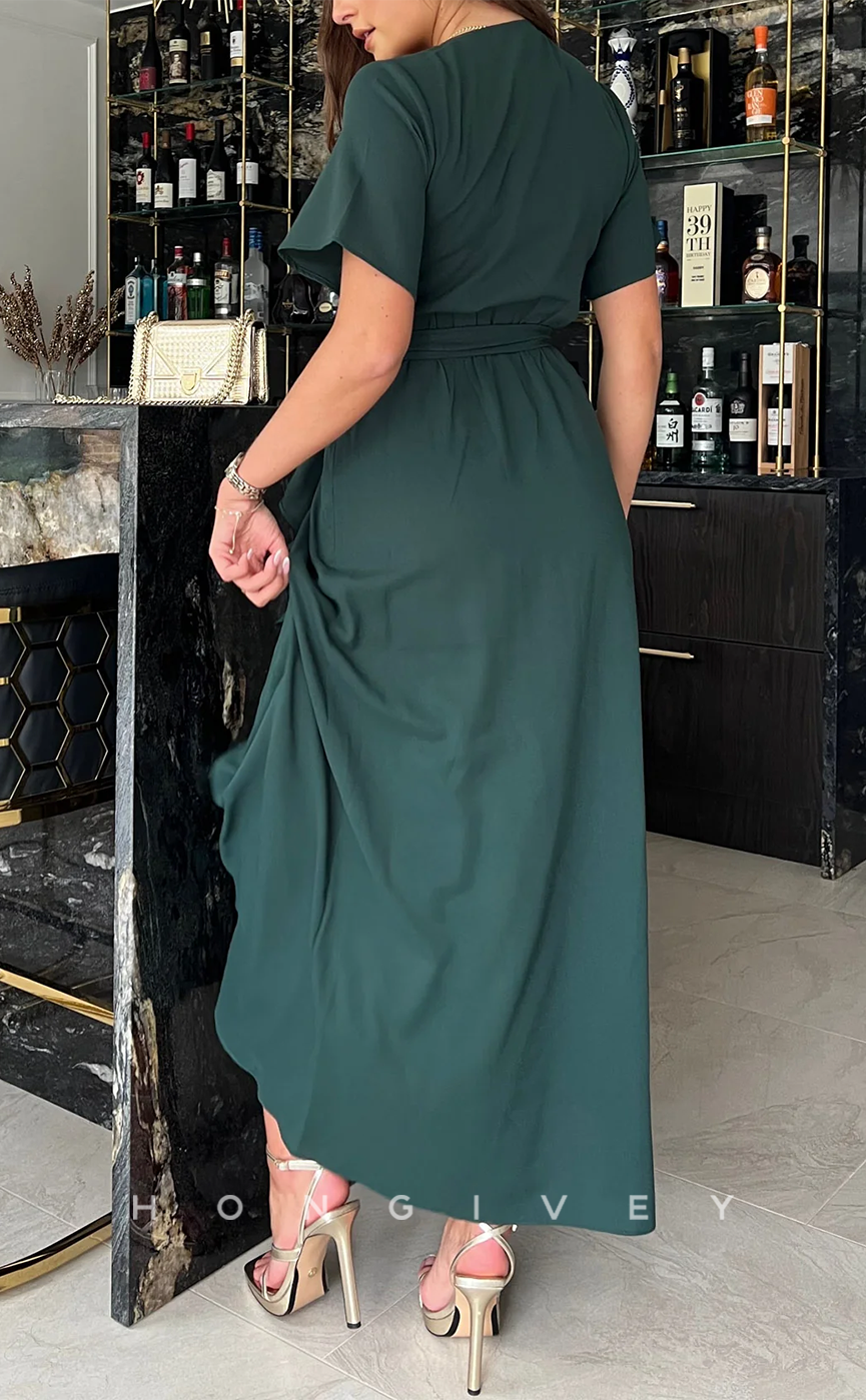 HM224 - Chiffon A-Line V-Neck Short Sleeve Ruffled Mother of the Bride Dress