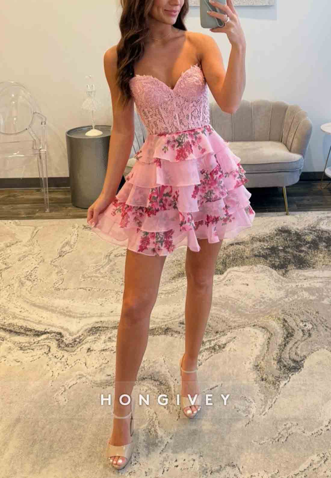 Sweetheart Floral Print Tie Back A-Line Short Homecoming Dress with Ruffles