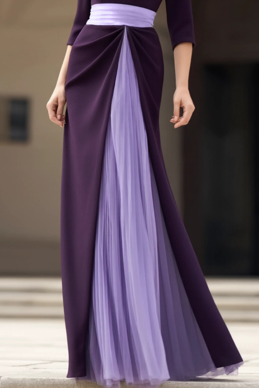 Formal Dress Purple Crew Neck Colorblock Half Sleeves Floor-Length Dress