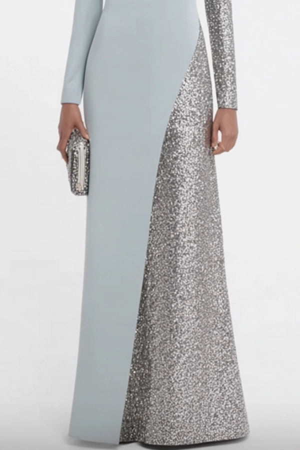 Formal Evening Dress Blue Crew Neck Maxi Trumpet Long Sleeve Dress