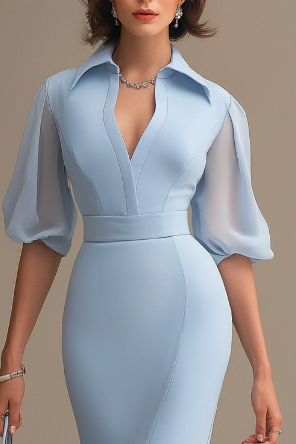 Formal Work Half Sleeves Dress Sky Blue Lapel Slit Mesh Maxi Dress