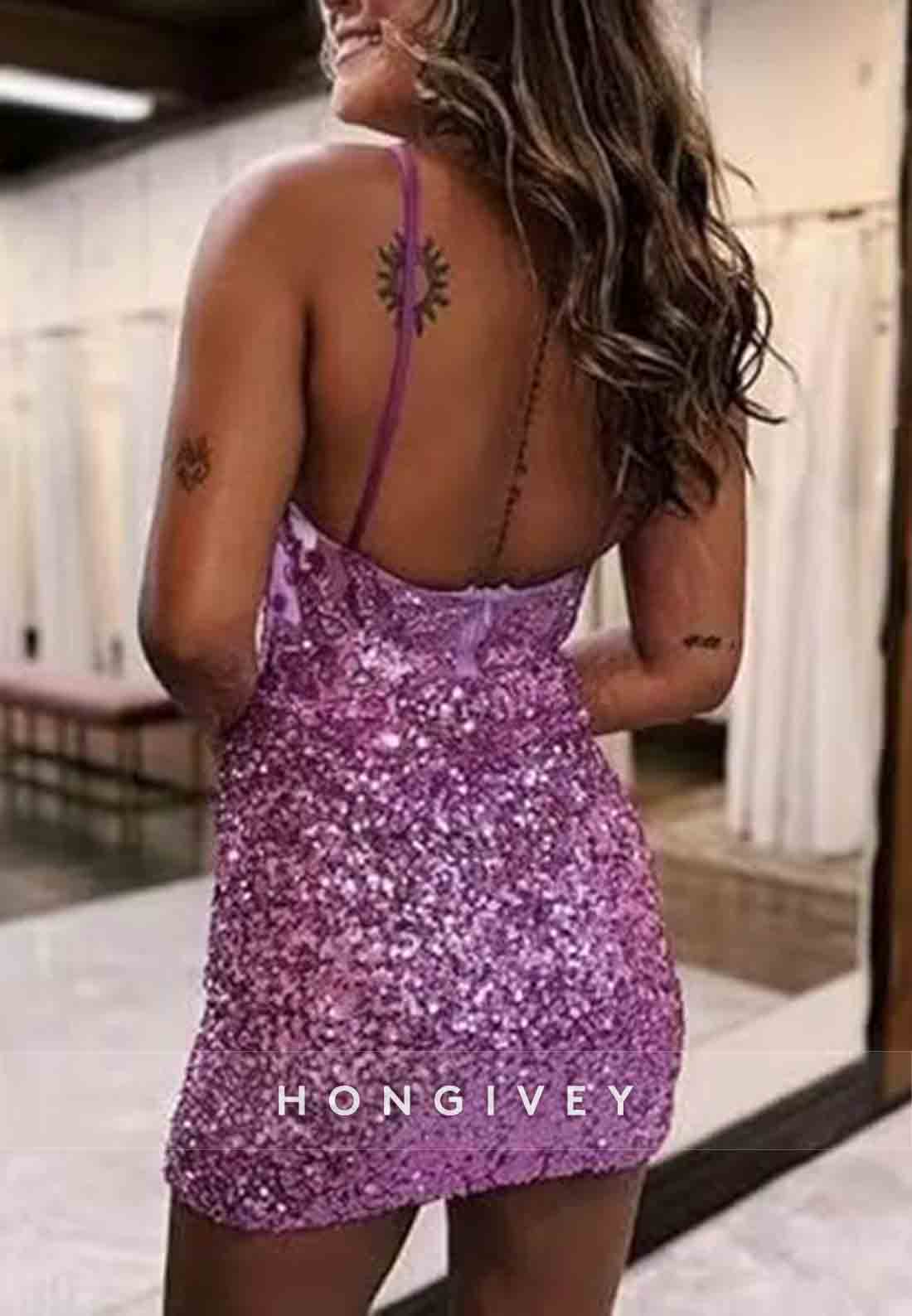 Sparkly Sheath V-Neck Spaghetti Straps Open Back Side Slit Mini Homecoming Dress