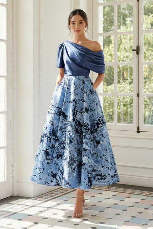 A-Line One Shoulder Floral Print Ankle-Length Mother of the Bride Dress Dark Navy