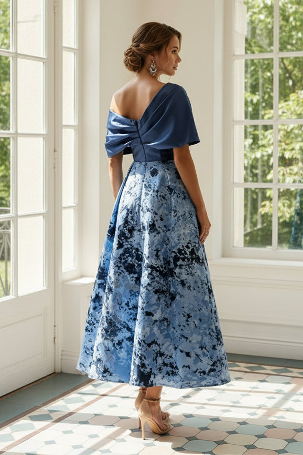A-Line One Shoulder Floral Print Ankle-Length Mother of the Bride Dress