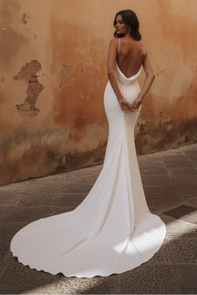 Sexy Fitted Satin V-Neck Spaghetti Straps Open Back With Train Wedding Dress