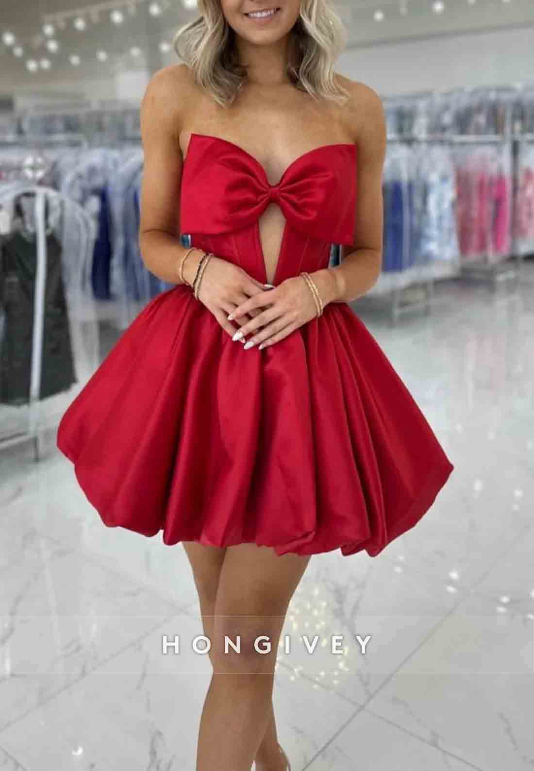 Bowknot Strapless Pleated Sleeveless Tie Back Princess Short Homecoming Dresses