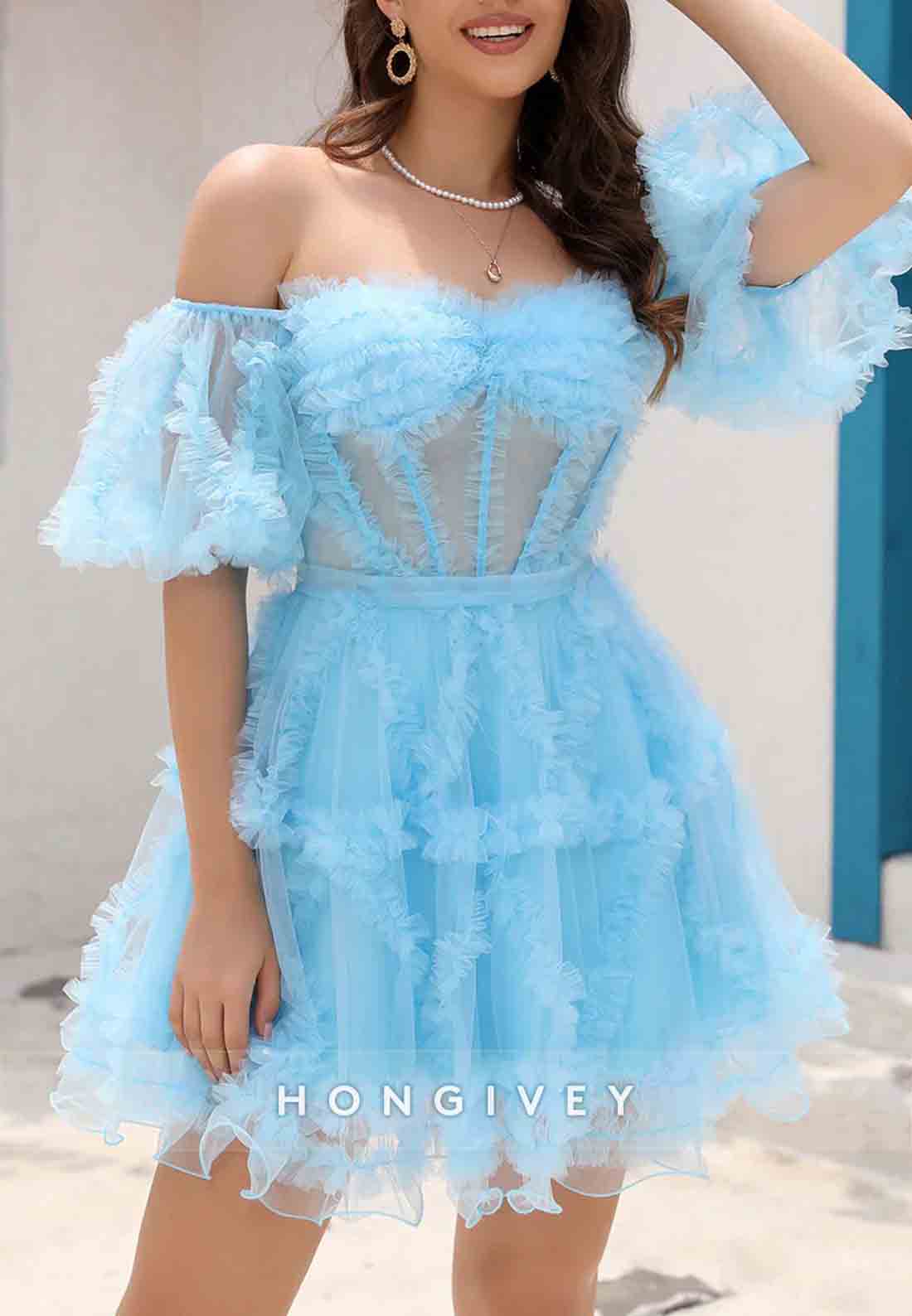 Gorgeous Short Sleeves A-Line Off the Shoulder Corset Homecoming Dresses