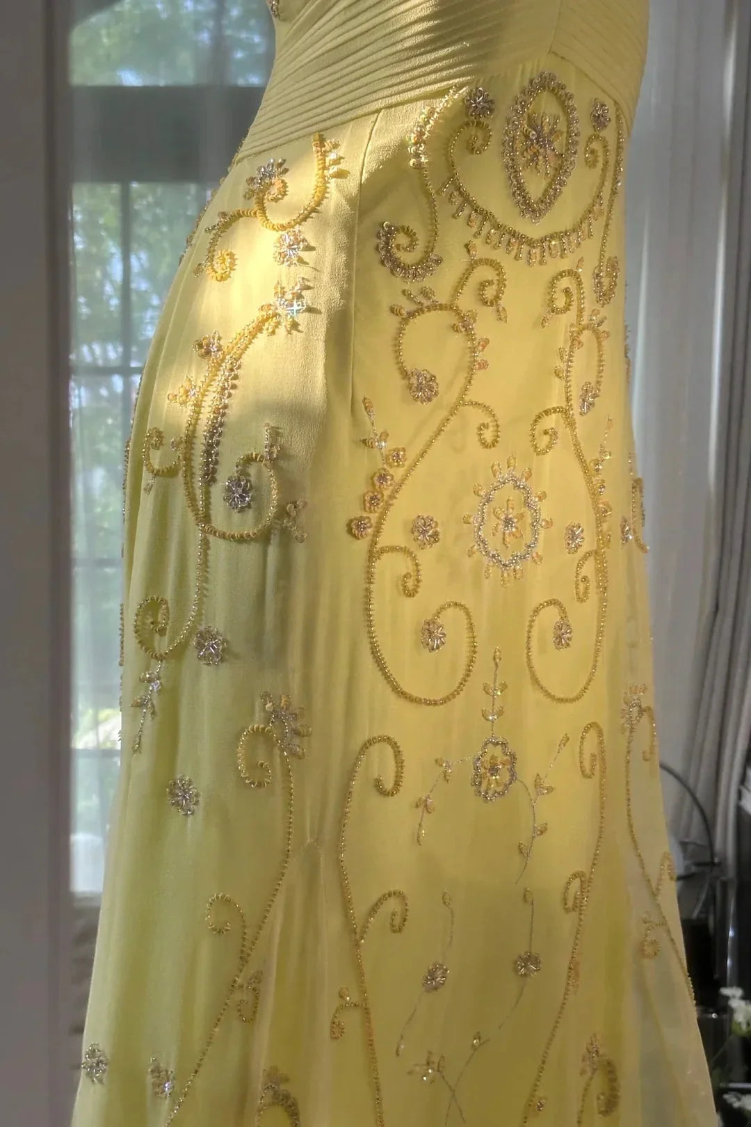Gorgeous A Line Spaghetti Straps Yellow Long Prom Dress with Appliques Beading