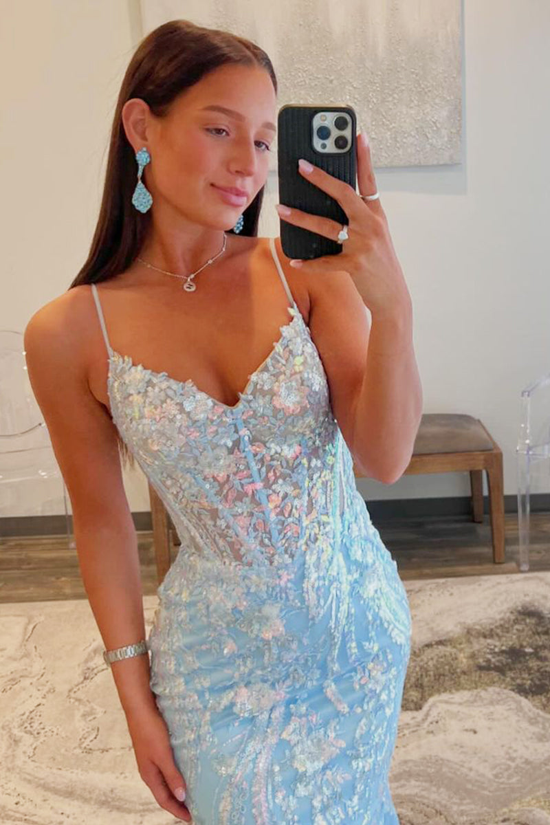 Gorgeous Light Blue Sequins Lace V Neck Long Prom Dresses VK23122802