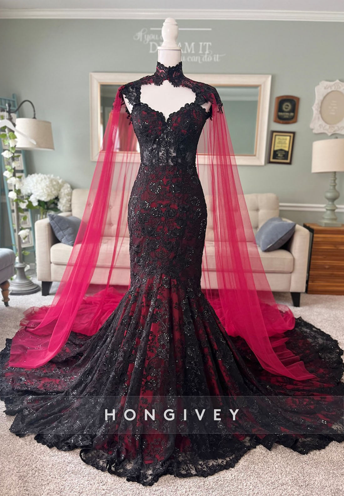 dark red wedding dress Black and Dark Red Wedding Gown with Cape See Through Mermaid Gown