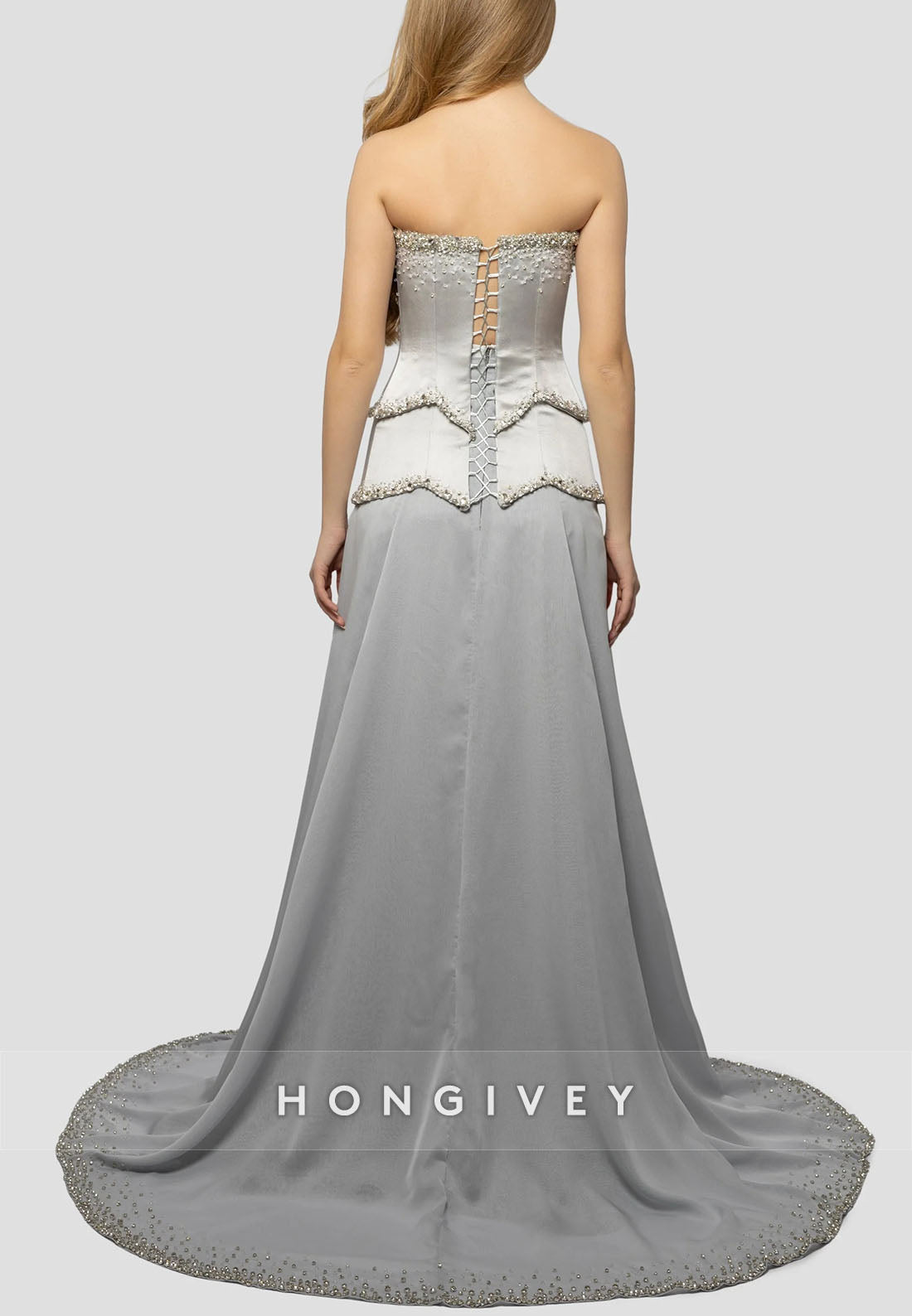 Court Train Off the Shoulder Strapless A-line Trim Pleated Crisscross Back Evening Gown